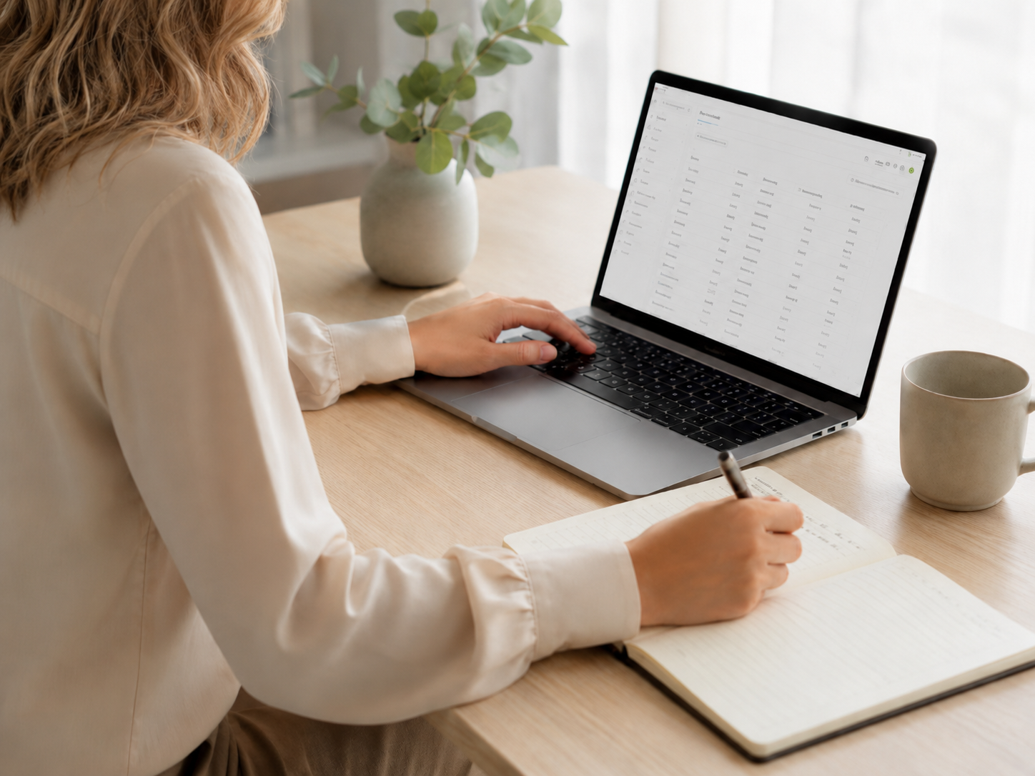 Laptop, Notizbuch und Taschenrechner auf einem Arbeitsplatz als Symbol für Backoffice, Büroorganisation und virtuelle Assistenz